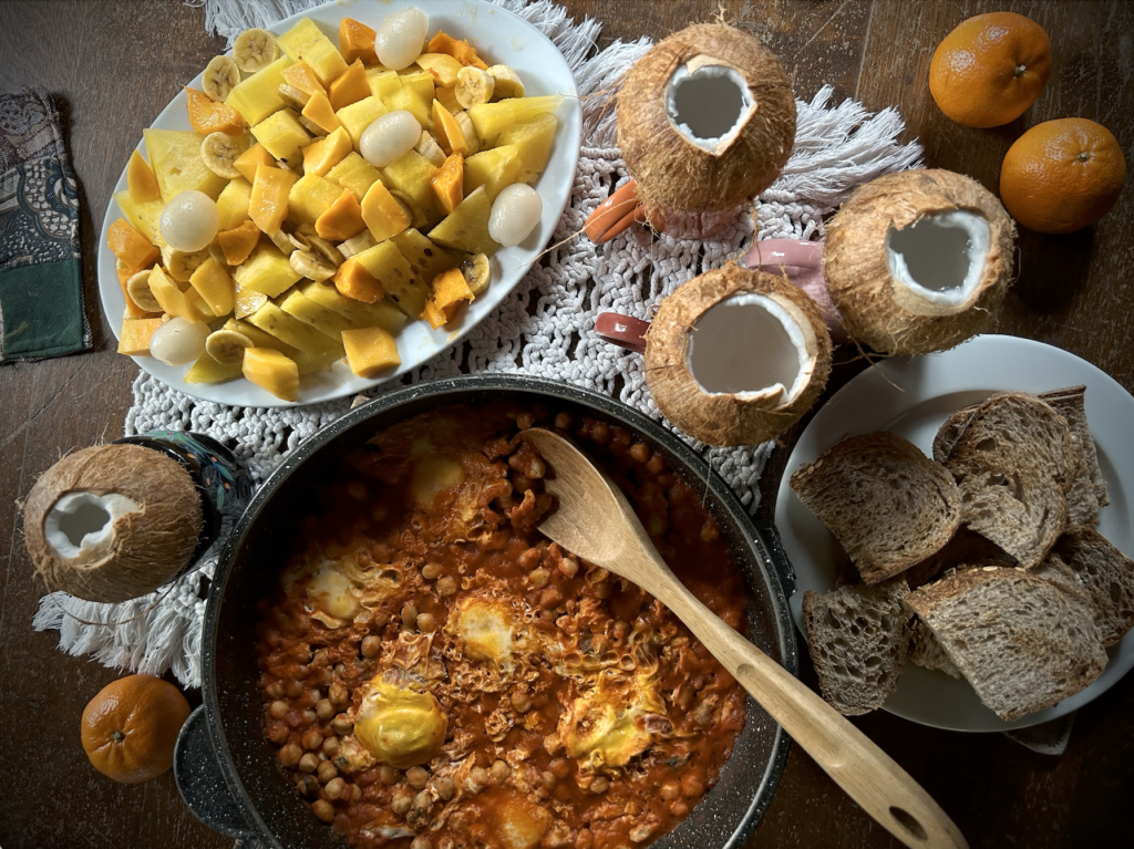 Fresh fruits, vegetables, and whole grains arranged on a table, showcasing foods suitable for the Ayahuasca diet.