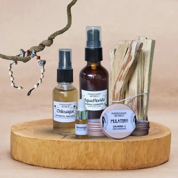 Inner Flight Healing Kit with Chilcuague Root, Agua Florida, Sananga Eye Drops, Rapé Set, Palo Santo Bundle, and Shipibo Bracelet for spiritual healing and cleansing.