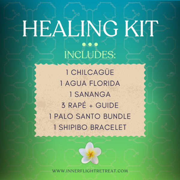 Inner Flight Healing Kit with Chilcuague Root, Agua Florida, Sananga Eye Drops, Rapé Set, Palo Santo Bundle, and Shipibo Bracelet for spiritual healing and cleansing.