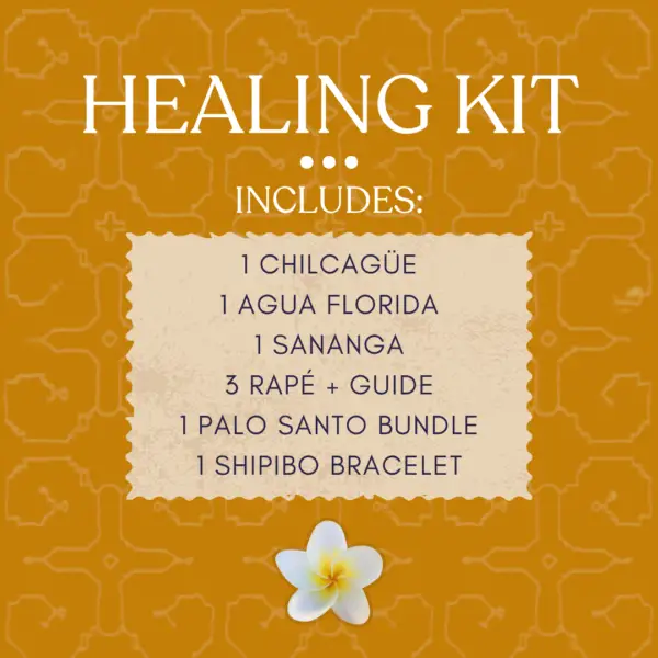 Inner Flight Healing Kit with Chilcuague Root, Agua Florida, Sananga Eye Drops, Rapé Set, Palo Santo Bundle, and Shipibo Bracelet for spiritual healing and cleansing.