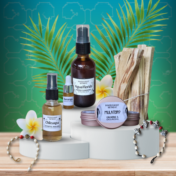 Inner Flight Healing Kit with Chilcuague Root, Agua Florida, Sananga Eye Drops, Rapé Set, Palo Santo Bundle, and Shipibo Bracelet for spiritual healing and cleansing.